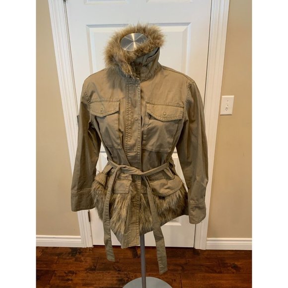 by Anthropologie Green Zip Up Belted Coat w/ Vegan Fur Trim, Size Small - Picture 1 of 8